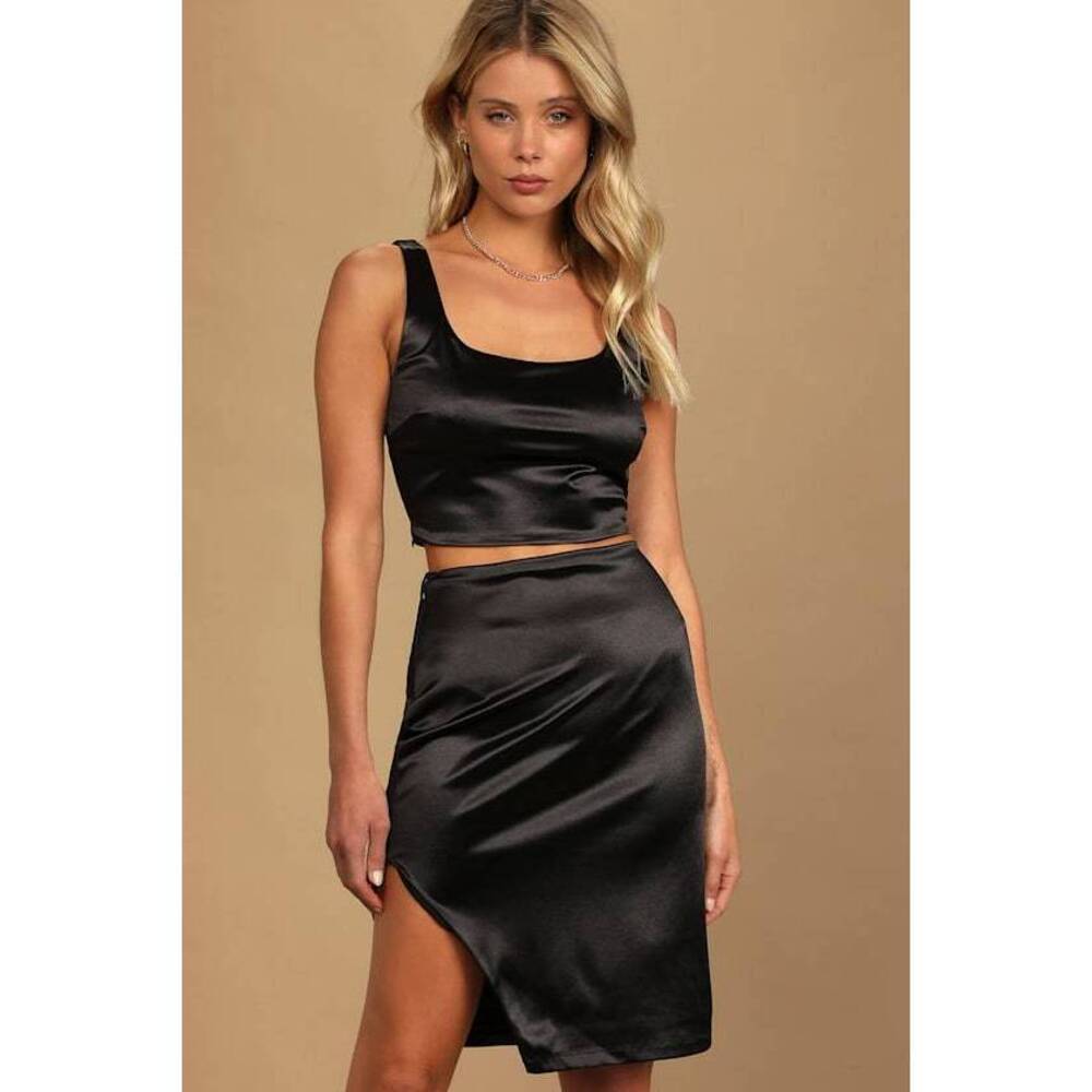 Lulus Can't Let You Go Black Satin Sleeveless Two-piece Midi Dress - Size L